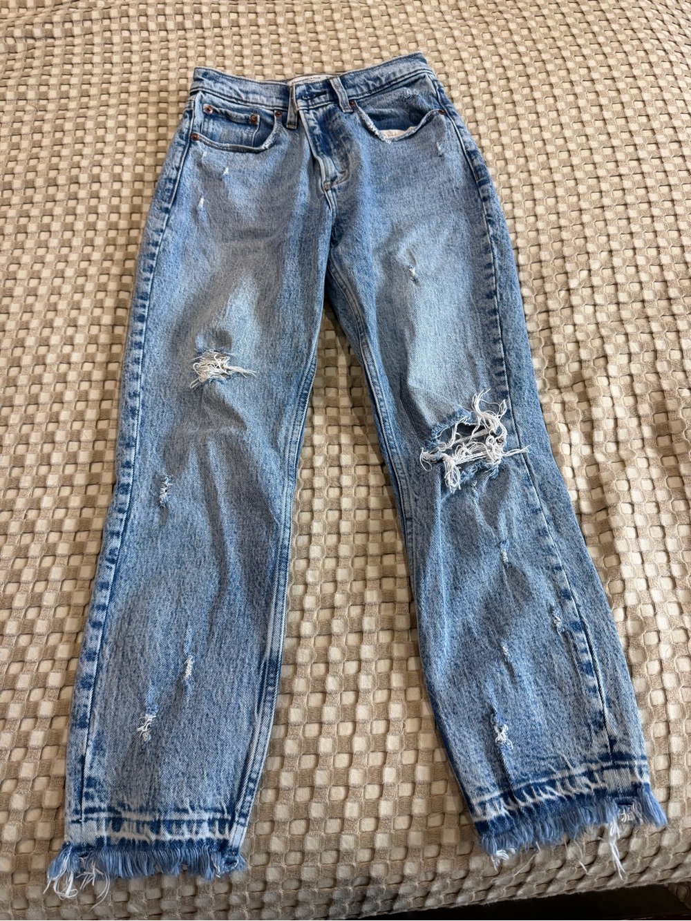 Abercrombie & Fitch Light Blue Distressed Straight Leg Jeans The Mom High Rise